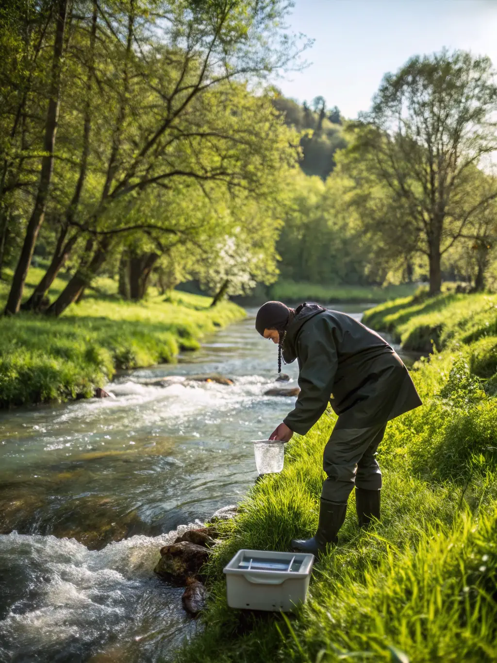 A close-up shot of researchers collecting water samples from a local river, showcasing the scientific aspect of water quality monitoring.