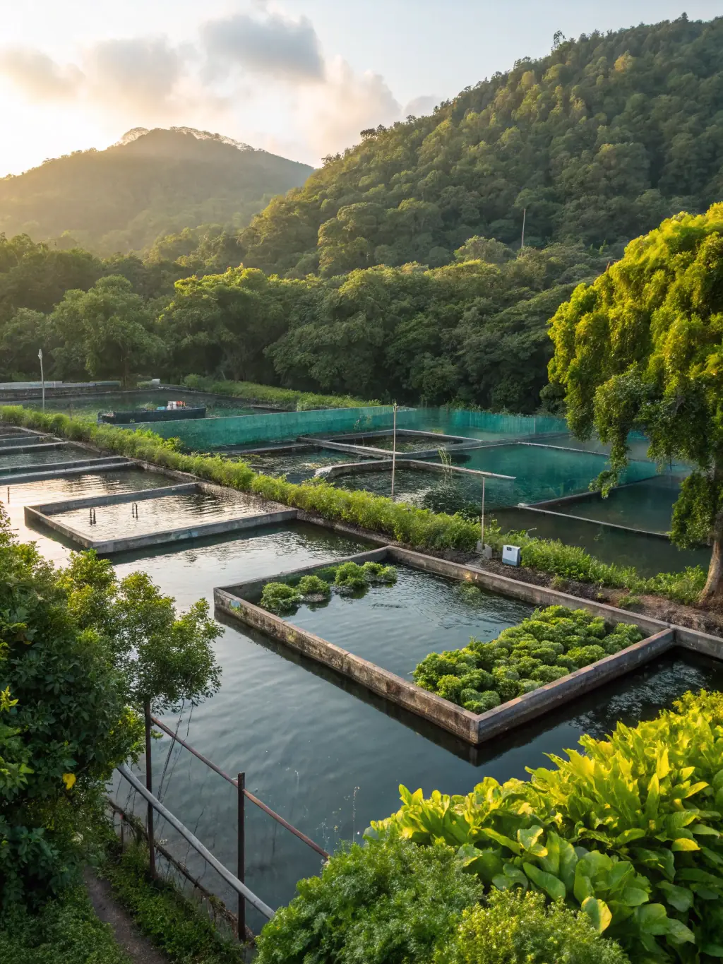 A picture of a restored fish habitat, showcasing newly planted vegetation and improved water flow, creating a thriving environment for fish.