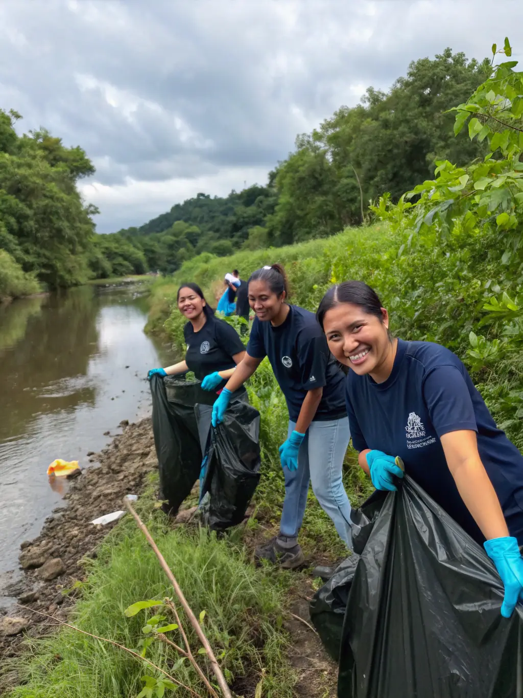 A photograph capturing a group of volunteers participating in a river cleanup, removing debris and plastic waste from the water and surrounding banks.
