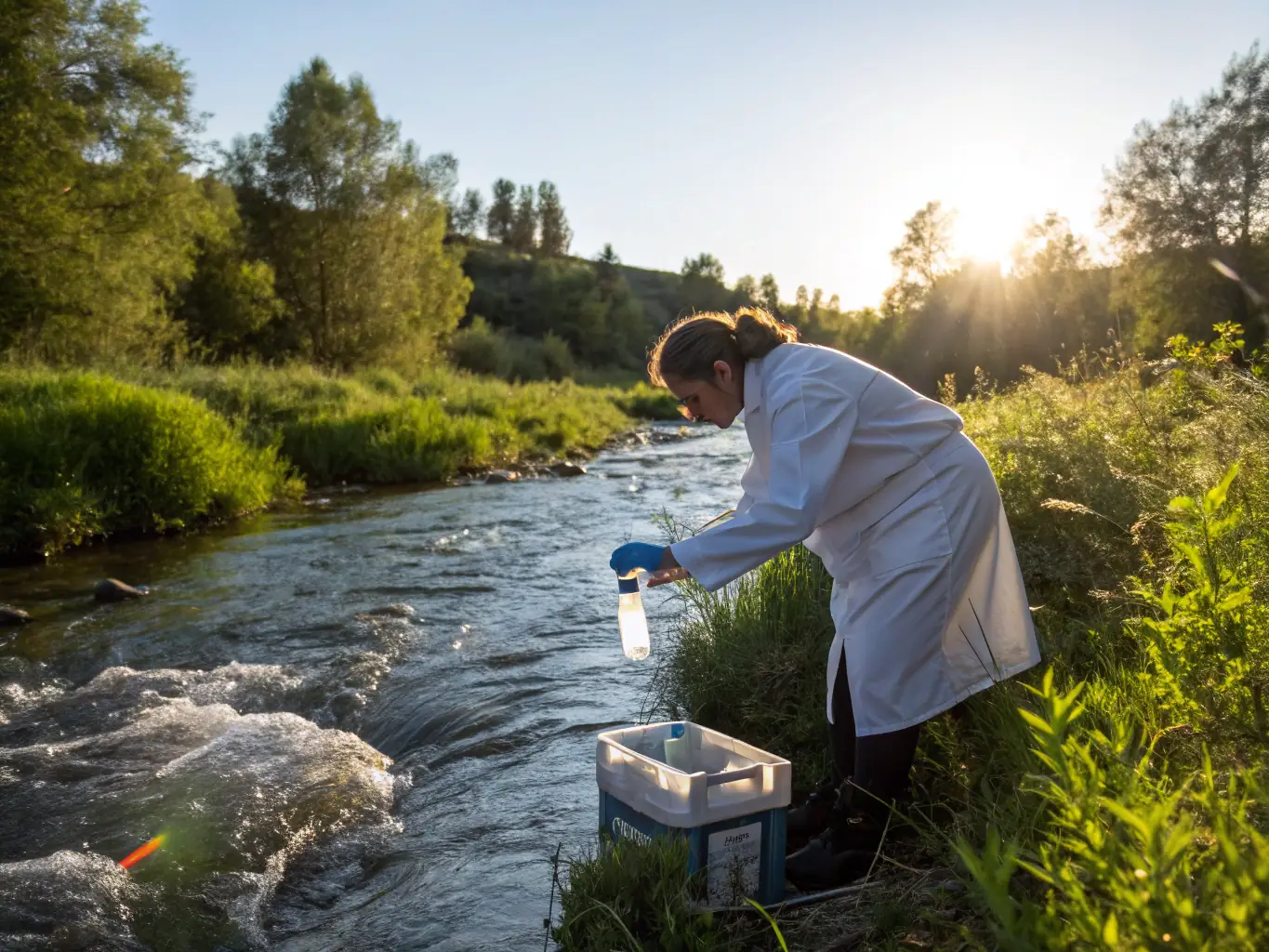 A clear image showing a scientist collecting water samples from a stream, illustrating the process of water quality monitoring and scientific data collection.