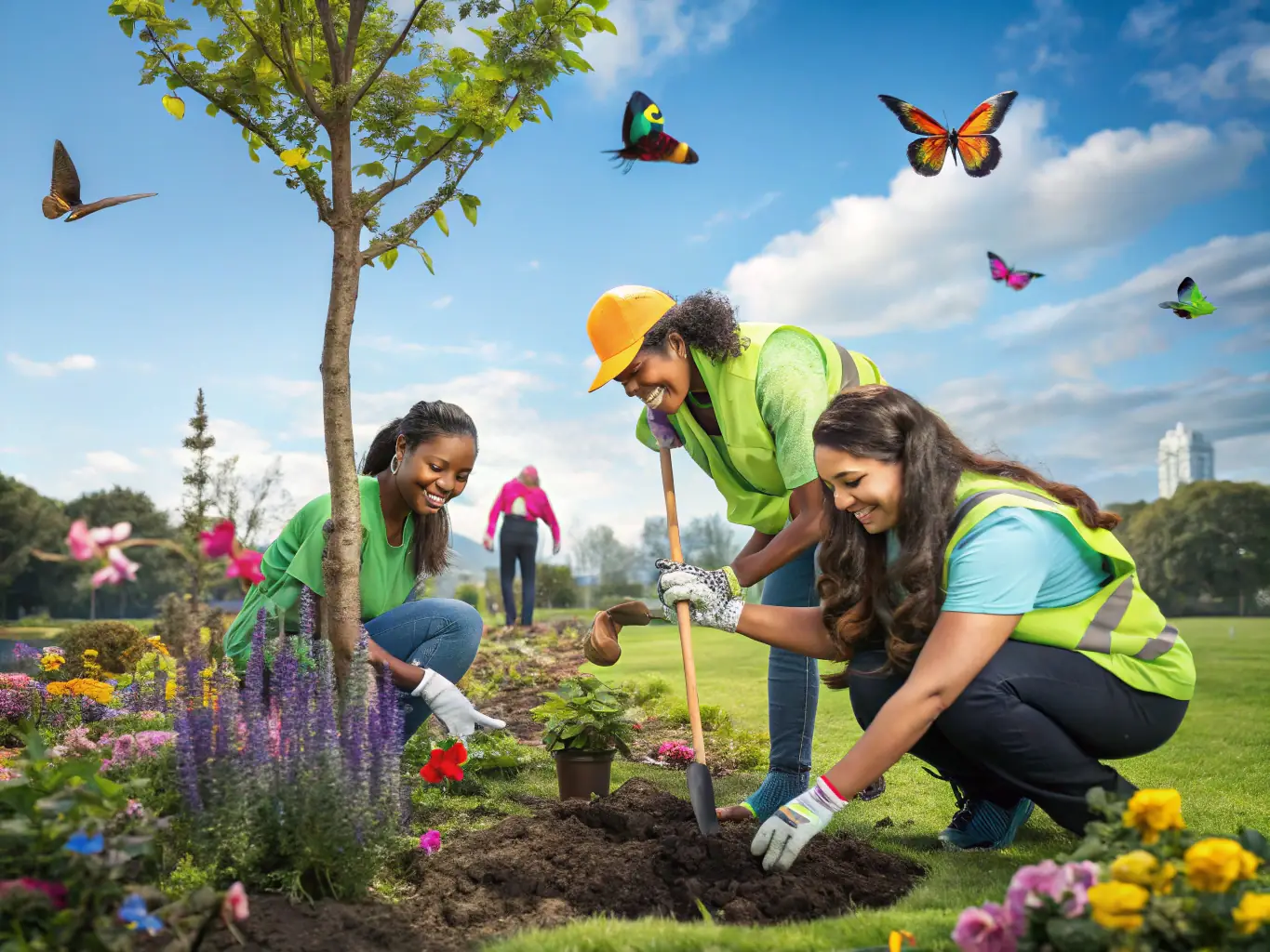 A vibrant image depicting volunteers planting native vegetation along a riverbank to restore fish habitat, showcasing community involvement in environmental conservation.